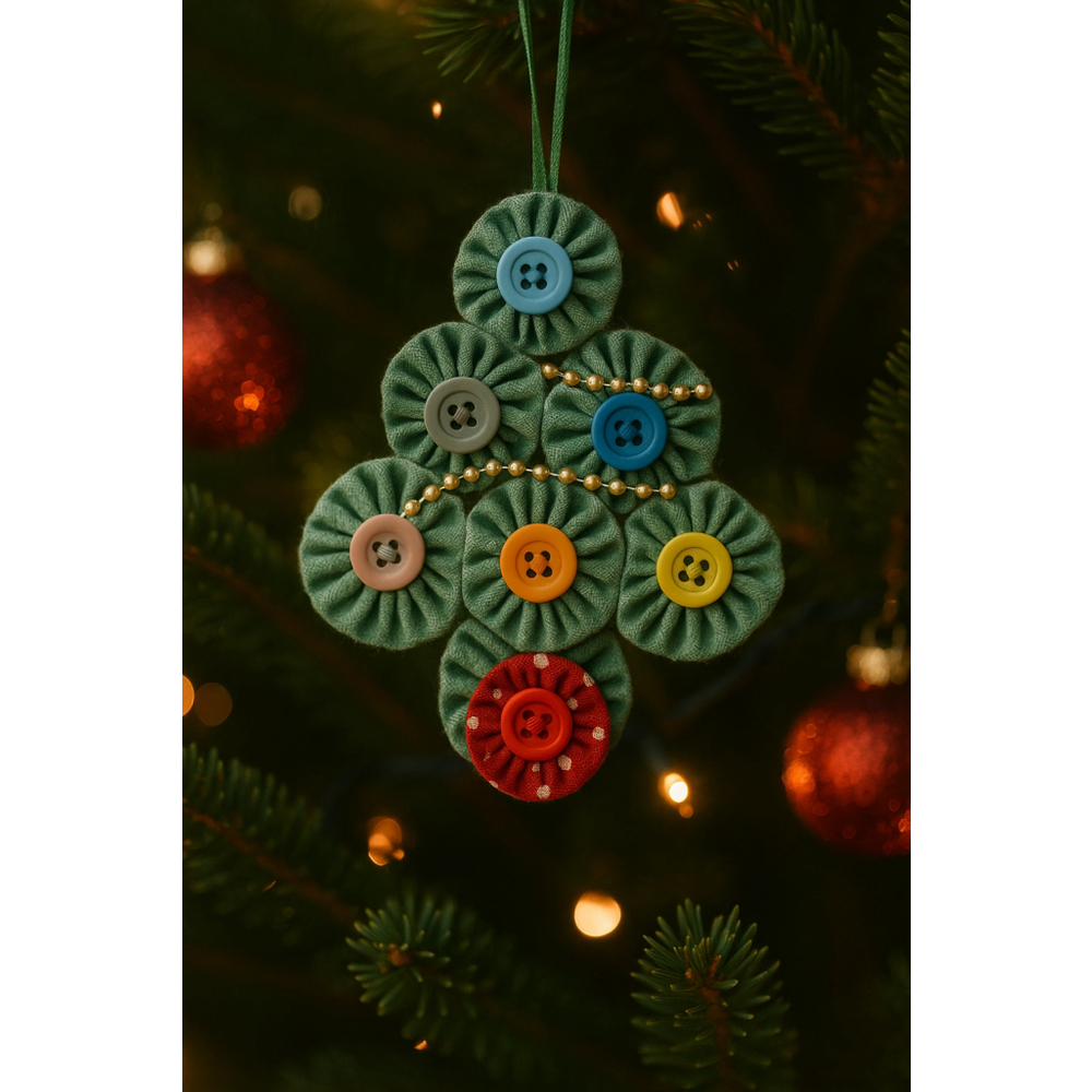 Whimsical Handmade Yo-Yo Christmas Tree Ornament Button Decor Green Red